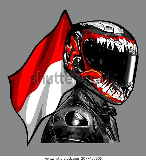 biker with satanic variant helmet and\
indonesia flag, biker, rider, touring, dragrace, naked bike,\
helmet, t-shirt, clothing, patch, garage, motorcycle, venom,\
Integralhelm, \
cooler Helm,\
Motorradfahr