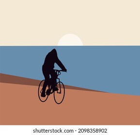 Biker silhouette on bicycles outdoors against sun and sunset. Sport in Nature. Bicycles outdoors illustration.