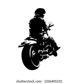 Biker sitting on chopper motorcycle. Rear view. Isolated ink drawing, vector silhouette