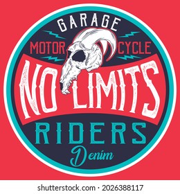 biker skeleton goat text and red background
