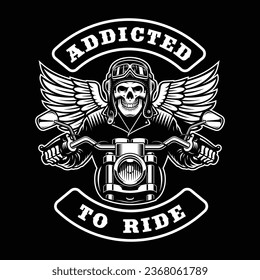 Biker Skeleton on a motorcycle with wings, vintage emblem