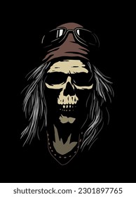 Biker skull with bandana and glasses on a black background.