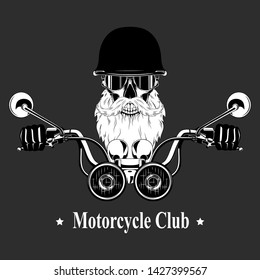 Biker skull with a beard in a motorcycle helmet behind the wheel of a motorcycle. Vector image on gray background.
