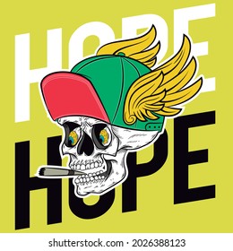 biker skull with cap and wings, text Hope and yellow background