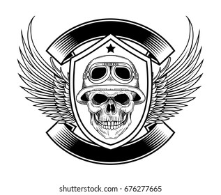 Biker Skull With Classic Helmet on ribbon and wing
