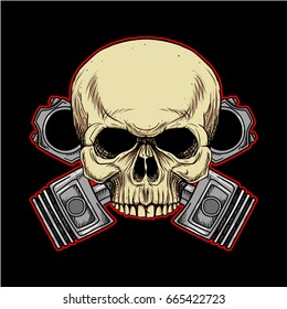 Biker Skull Classic Motorcycle Club Badge. Biker skull with double piston on black background. Design elements for logo, label, emblem, sign, poster, t-shirt. Vector illustration