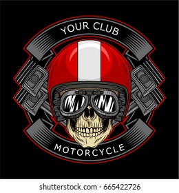 Biker Skull Classic Motorcycle Club Badge. Biker skull with pistons, helmet, and ribbon on black background. Design elements for logo, label, emblem, sign, poster, t-shirt. Vector illustration