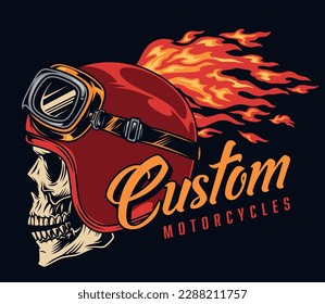 Cartel de colores del cráneo de los ciclistas con cabeza de motociclista y llama con motocicletas personalizadas de marca distintiva para diseño de ropa brutal ilustración vectorial