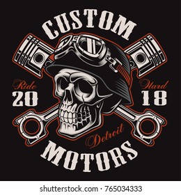 Biker skull with crossed pistons. Shirt graphic. All elements, colors, text (curved) are on the separate layer. (COLOR VERSION)