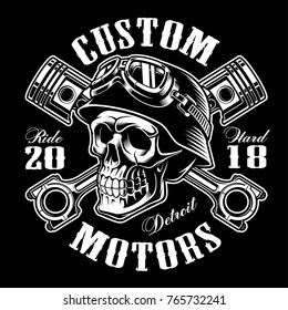 Biker skull with crossed pistons. Shirt graphic. All elements, colors, text (curved) are on the separate layer. (MONOCHROME VERSION)