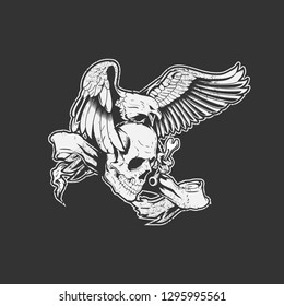 biker skull head with eagle and ribbon vector