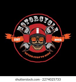 Biker Skull Helmet with crossed glasses and tools full color hand drawn vector