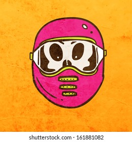 Biker Skull with Helmet. Cute Hand Drawn Vector illustration, Vintage Paper Texture Background