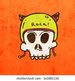 Biker Skull with Helmet. Cute Hand Drawn Vector illustration, Vintage Paper Texture Background