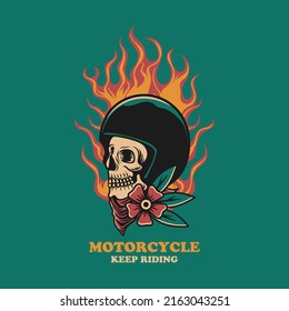 Biker skull helmet with fire vector vintage illustration