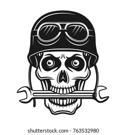 Biker skull in helmet with goggles and wrench in mouth vector monochrome illustration isolated on white background