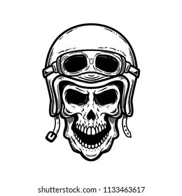 Biker skull in helmet isolated on white background. Design element for poster, card, banner, t shirt. Vector image