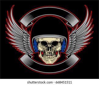 Biker Skull Helmet Wing and Ribbon on Black Background