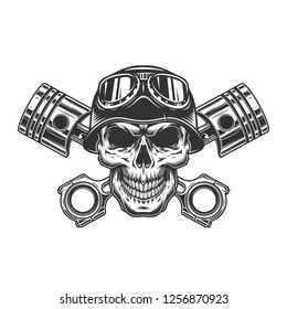 Biker skull in motorcycle helmet with crossed engine pistons in vintage monochrome style isolated vector illustration