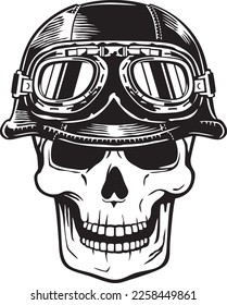 Biker Skull with Motorcycle Helmet and Googles. Motorbike Vintage Icon. Old-style Retro Design. Vector Illustration.