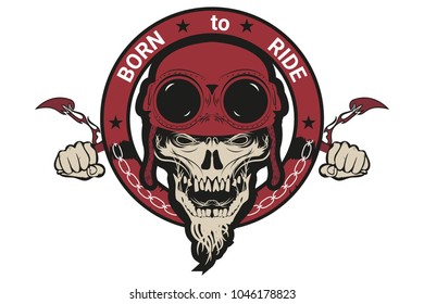 Biker Skull On A Motorcycle. Emblem, Patch.