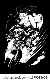 Biker skull with the pin-up girl. Vintage retro poster or print. Monochrome illustration.