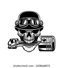 Biker skull with piston in teeth. Design element for logo, label, sign, emblem. Vector illustration