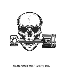 Calavera en bicicleta con pistón en los dientes. Elemento de diseño para logotipo, etiqueta, signo, emblema. Ilustración del vector