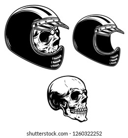 Biker skull in racer helmet in engraving style. Design element for logo, label, emblem, sign, poster, t shirt. Vector illustration