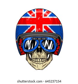 Biker skull style Cool wearing Grunge uk flag helmet, and goggles. Vector skull hand draw