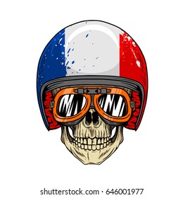 Biker skull style Cool wearing Grunge France flag helmet, and goggles. Vector skull hand draw