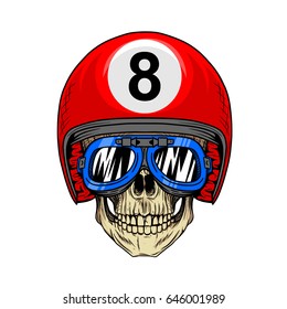 Biker skull style Cool wearing eight ball helmet, and goggles. Vector skull hand draw