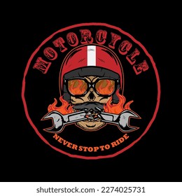 biker skull with tools and flame logo hand drawn full color vector