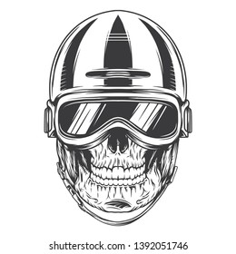 Biker skull. Vintage label, illustration, logotype. Vector illustration. Isolated on white background.