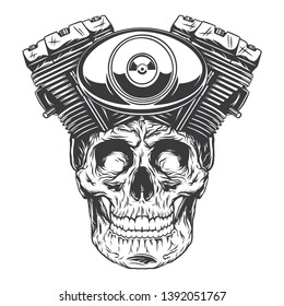 Biker skull. Vintage label, illustration, logotype. Vector illustration. Isolated on white background.