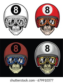 Biker Skull Wearing Goggles and Eight Ball Helmet, Hand Drawing Skull, Hand Drawing With 4 variation Color, line out, shadow, highlight