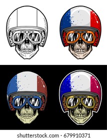 Biker Skull Wearing Goggles and Grunge France Flag Helmet, Hand Drawing Skull, Hand Drawing With 4 variation Color, line out, shadow, highlight