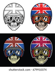 Biker Skull Wearing Goggles and Grunge Uk Flag Helmet, Hand Drawing Skull, Hand Drawing With 4 variation Color, line out, shadow, highlight