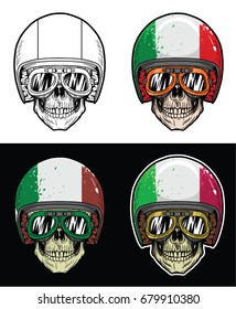 Biker Skull Wearing Goggles and Grunge Italy Flag Helmet, Hand Drawing Skull, Hand Drawing With 4 variation Color, line out, shadow, highlight