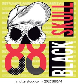 biker skull whit cap text and numbers with yellow background