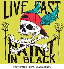 biker skull whit cap and text and yellow background