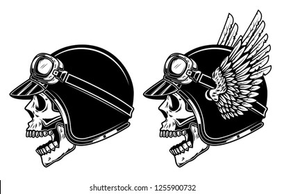 Biker skull in winged racer helmet. Design element for logo, label, emblem, sign, poster, t shirt, banner. Vector illustration