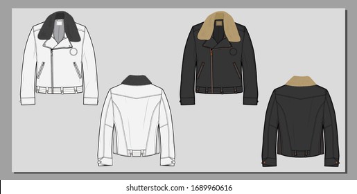 Biker sport perfecto jacket sketch with detachable fur collar. Motor clothing. Fashion flat illustration.	 - Shutterstock ID 1689960616