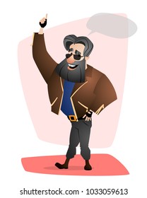A biker standing with the point finger up having an idea. Isolated from background. Drawn in a flat style