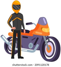 Biker stands near motorcycle. Motorcyclist and vehicle. Male character with motorbike isolated on white background. Man in sportswear racer overalls and helmet standing near sports bike side view
