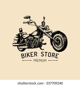 Biker Store Advertising Poster. Vector Hand Drawn Chopper For MC Sign, Label. Vintage Detailed Motorcycle Illustration For Custom Bikes Company, Garage Logo, T-shirt Print Etc.