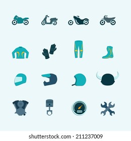 Biker street riding style accessories selection flat icons set with helmet jacket boots accessories isolated vector illustration