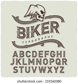 Biker style dirty letters alphabet with wings skull emblem. Light Background.