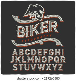 Biker Style Dirty Letters Alphabet With Wings Skull Emblem. Dark Background.