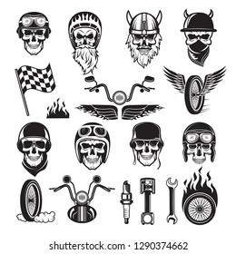 Biker symbols. Skull bike flags wheel fire bones engine motorcycle vector silhouettes